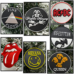 ACDC, Guns n Roses, Queen Rock Music Christmas Ornaments 7 Piece Set